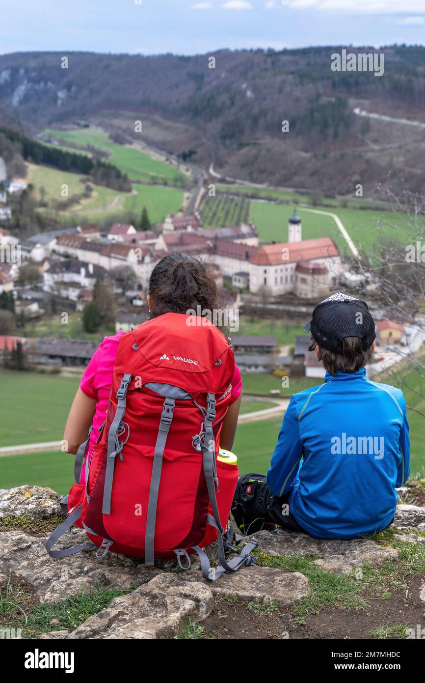 Europe, Germany, Southern Germany, Baden-Wuerttemberg, Danube valley, Sigmaringen, Beuron, mother and son enjoy the view into the Danube valley with monastery Beuron Stock Photo