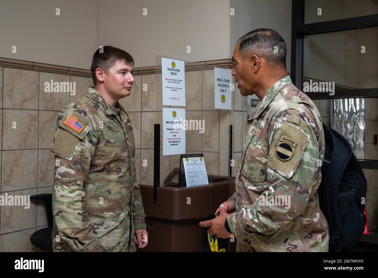 FORT HOOD, Texas – U.S. Army Gen. Michael Garrett, the U.S. Forces Command commanding general, speaks with Spc. Nicholas Ball, a cavalry scout assigned to 1st Squadron, 7th Cavalry Regiment, 1st Brigade Combat Team, 1st Cavalry Division, during Garrett’s site visit at Fort Hood, Texas, May 11, 2022. Garrett’s visit lasted three day’s and toured several locations on base. Stock Photo