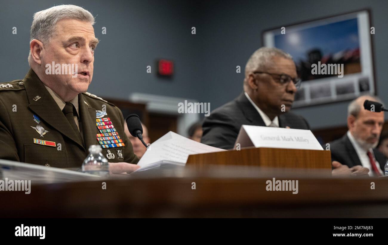 Secretary of Defense Lloyd J. Austin III, Army Gen. Mark A. Milley, chairman, Joint Chiefs of Staff, and Mike McCord, Under Secretary of Defense (comptroller)/Chief Financial Officer, provide testimony before the House Committee of Apropriations, Subcommittee on Defense (HAC-D) on the President's Fiscal Year 2023 budget request for the Department of Defense, 2118 Rayburn House Office Building, Washington, D.C. May 11, 2022. Stock Photo