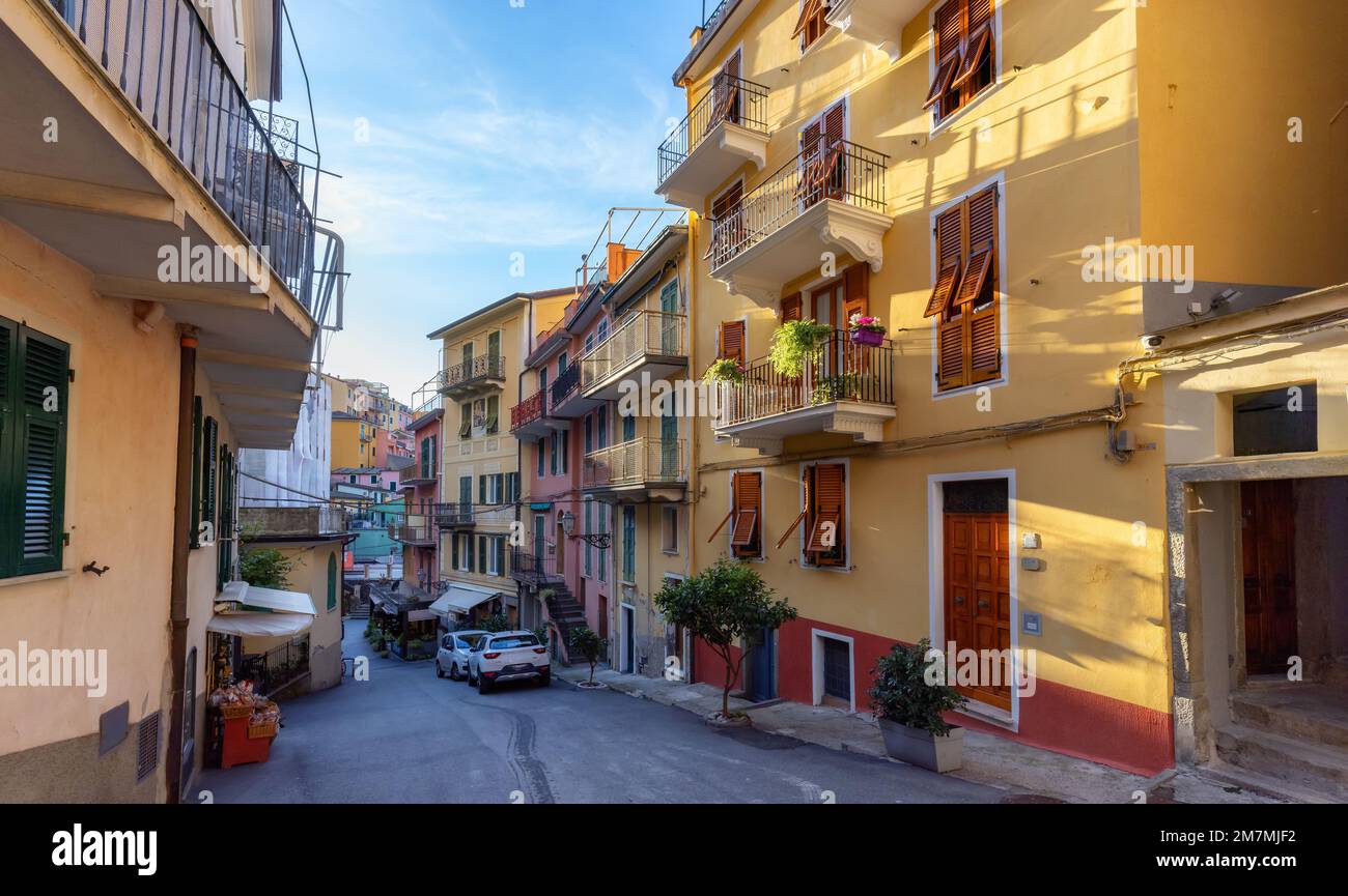 Street in touristic town, Manarola, Italy. Cinque Terre Stock Photo