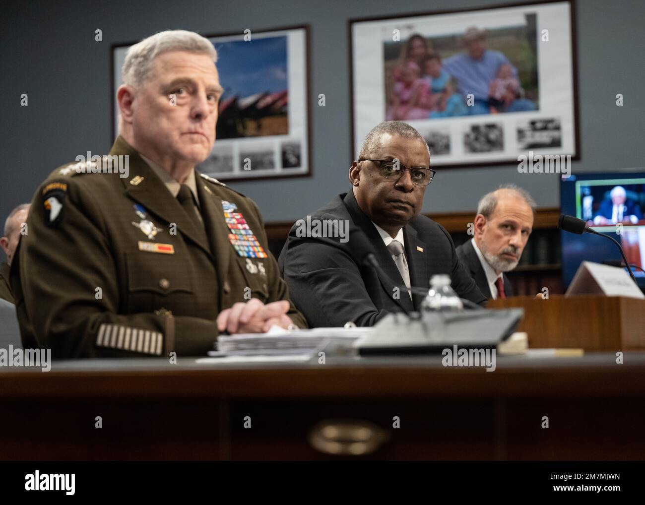 Secretary of Defense Lloyd J. Austin III, Army Gen. Mark A. Milley, chairman, Joint Chiefs of Staff, and Mike McCord, Under Secretary of Defense (comptroller)/Chief Financial Officer, provide testimony before the House Committee of Apropriations, Subcommittee on Defense (HAC-D) on the President's Fiscal Year 2023 budget request for the Department of Defense, 2118 Rayburn House Office Building, Washington, D.C. May 11, 2022. Stock Photo