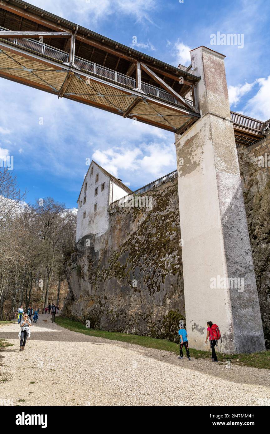 Europe, Germany, Southern Germany, Baden-Württemberg, Danube Valley, Sigmaringen, Beuron, hikers at Wildenstein Castle Stock Photo