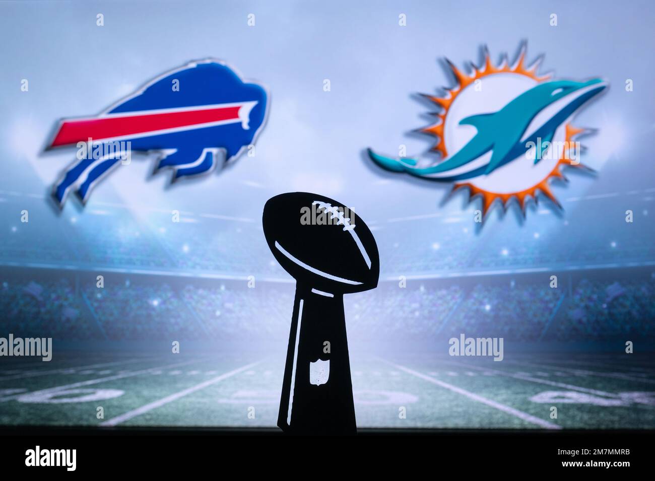 BUFFALO, USA, JANUARY 10, 2023: Miami Dolphins vs. Buffalo Bills. NFL Wild Card Round 2023, Silhouette of Vince Lombardi Trophy for the winner of Nati Stock Photo
