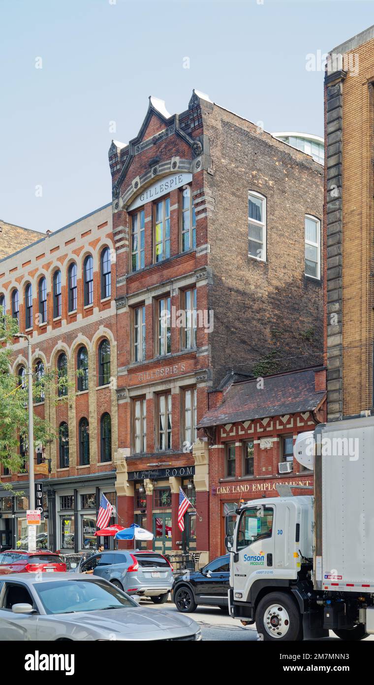 Gillespie’s Map Room now occupies the Miller Building of 1895. The brick and stone landmark is on West 9th Street between Bloch Block and Hotel Linn. Stock Photo