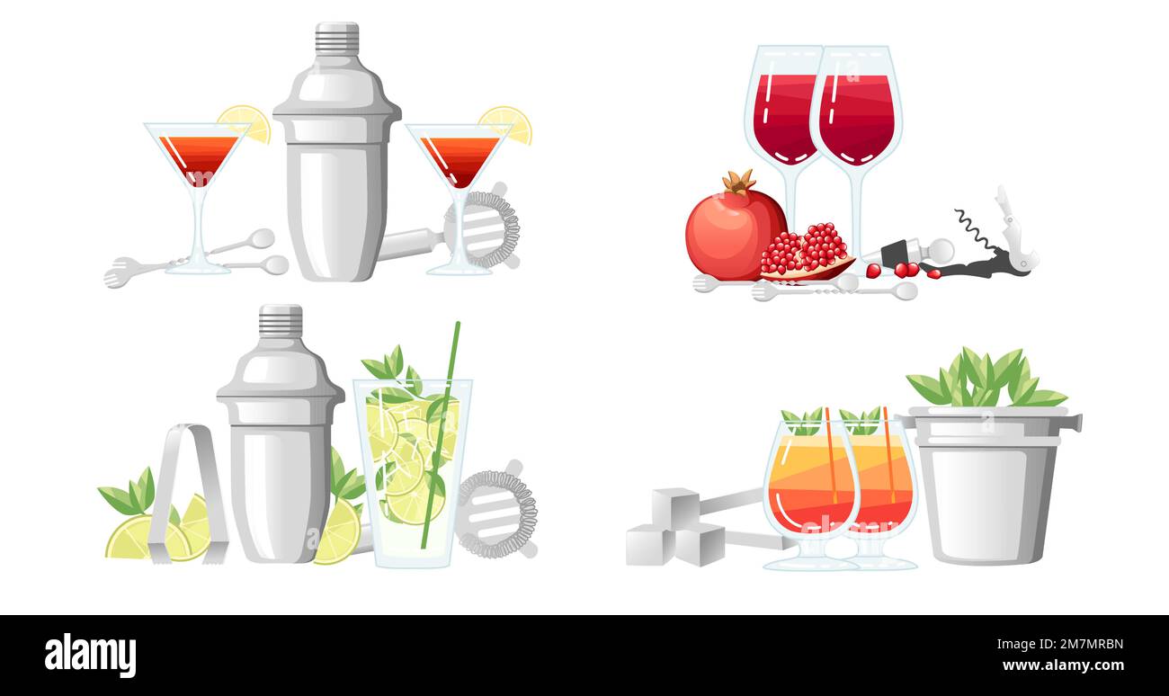 Set of bar accessory tools steel shaker vector illustration on white