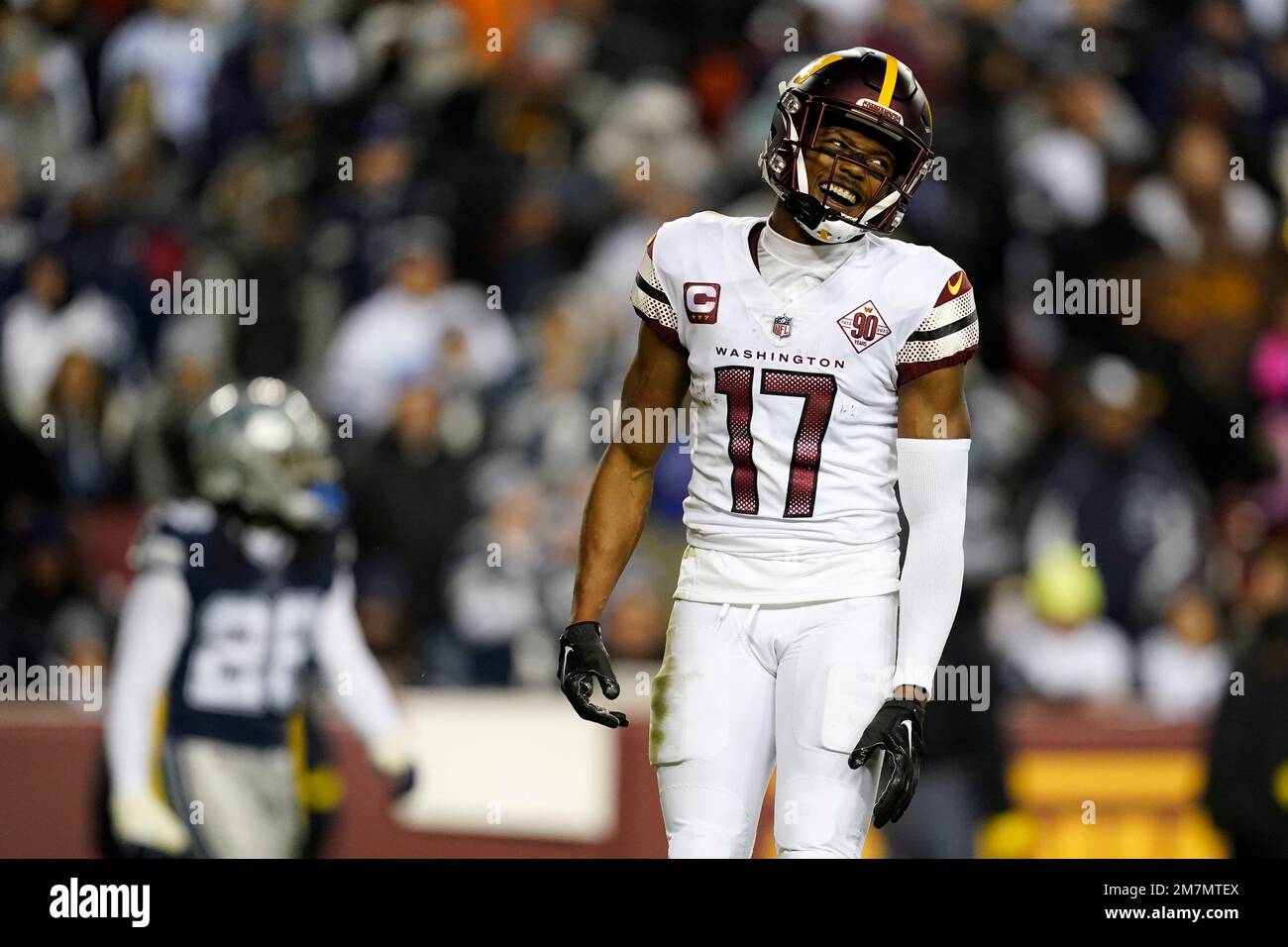 Washington Commanders wide receiver Terry McLaurin reacts after