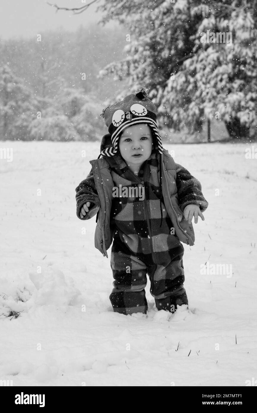 Toddler boy playing in the snow. Stock Photo