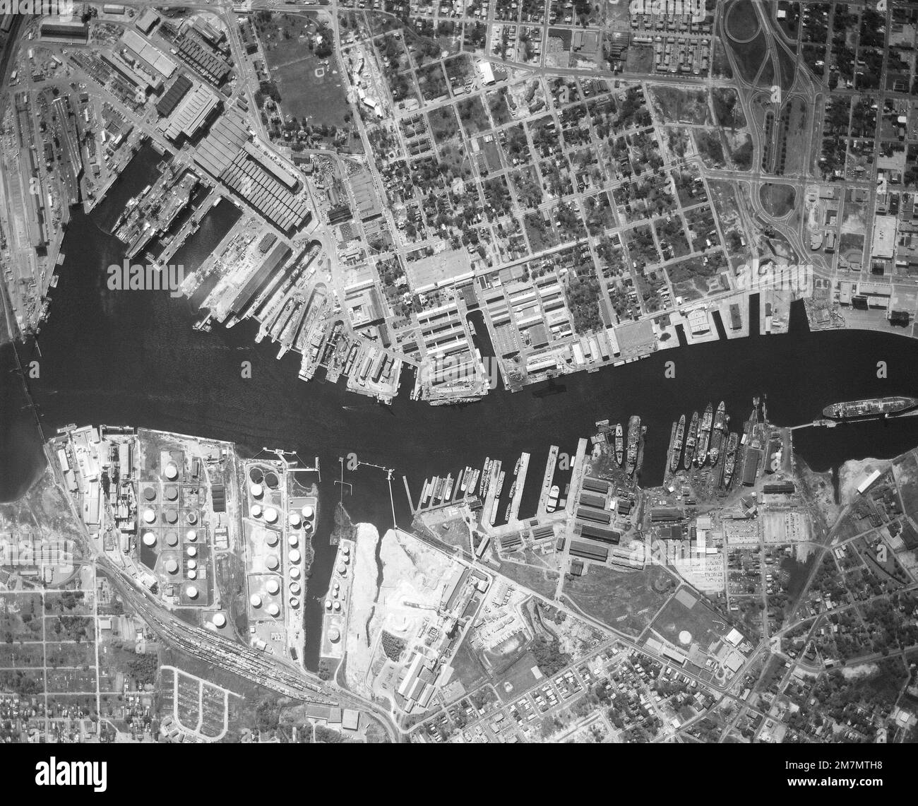 An aerial view of the Portsmouth Naval Shipyard. Base Portsmouth State Virginia (VA) Country
