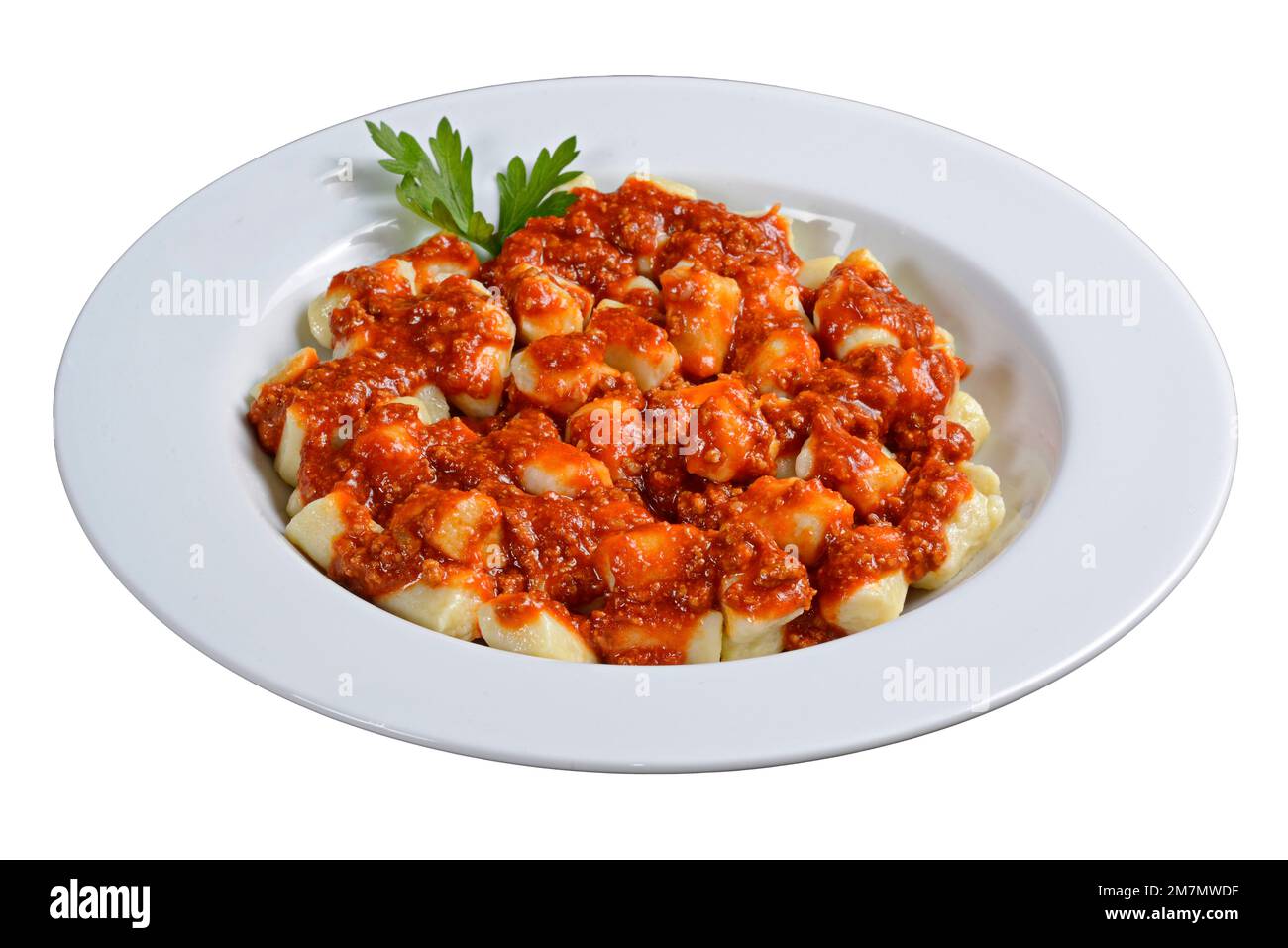 Potato gnocchi bolognese. Isolated on white background Stock Photo Alamy