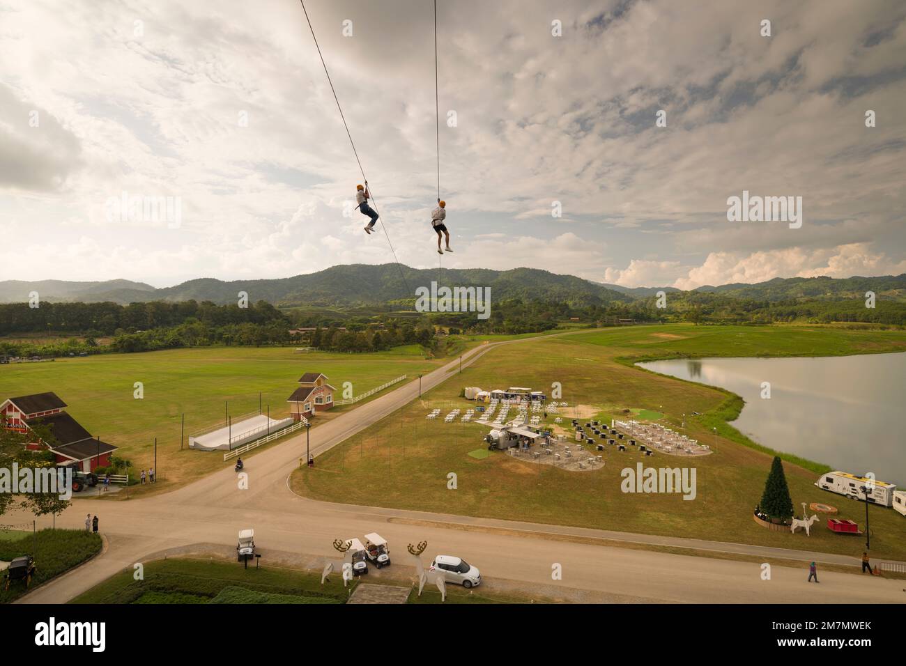 Chiang Rai, Thailand. November 18, 2022. Boon Rawd Farm in Singha Park at afternoon.The zep line