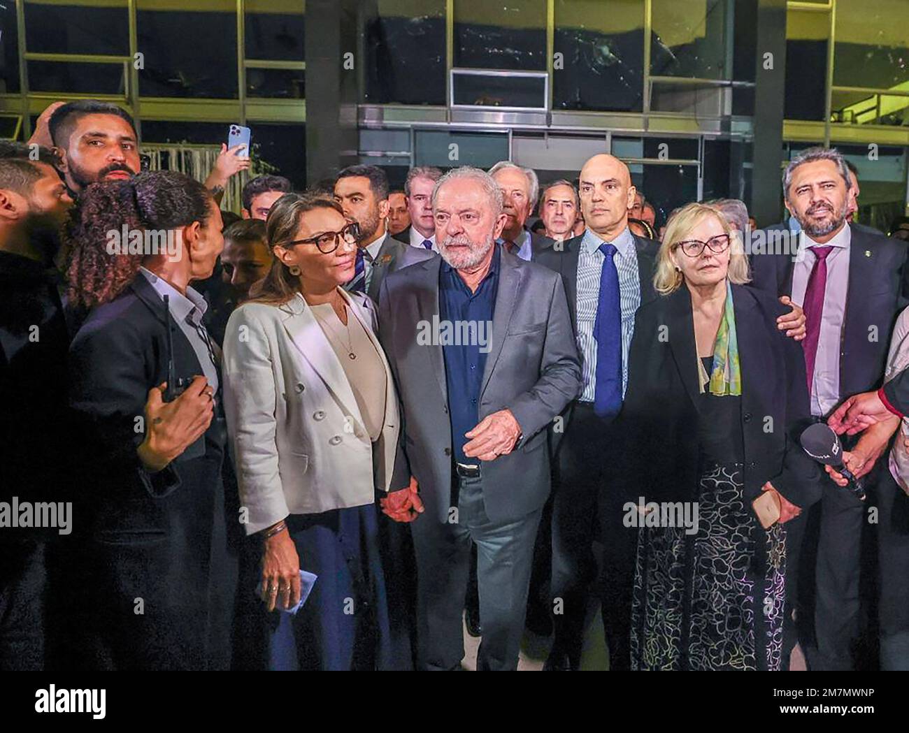 Luiz Inacio Lula da Silva, Brazil's president, center, and government officials visit the Supreme Federal Court building following attacks on government buildings by supporters of former Brazilian President Jair Bolsonaro in Brasilia, Brazil, on Monday, Jan. 9, 2023. President Luiz Inacio Lula da Silva just a week after he took office Brazil's capital was recovering early Monday from an insurrection by thousands of supporters of ex-President Bolsonaro who stormed the country's top government institutions, leaving a trail of destruction. Photo by Brazilian Government Press Service/UPI Stock Photo