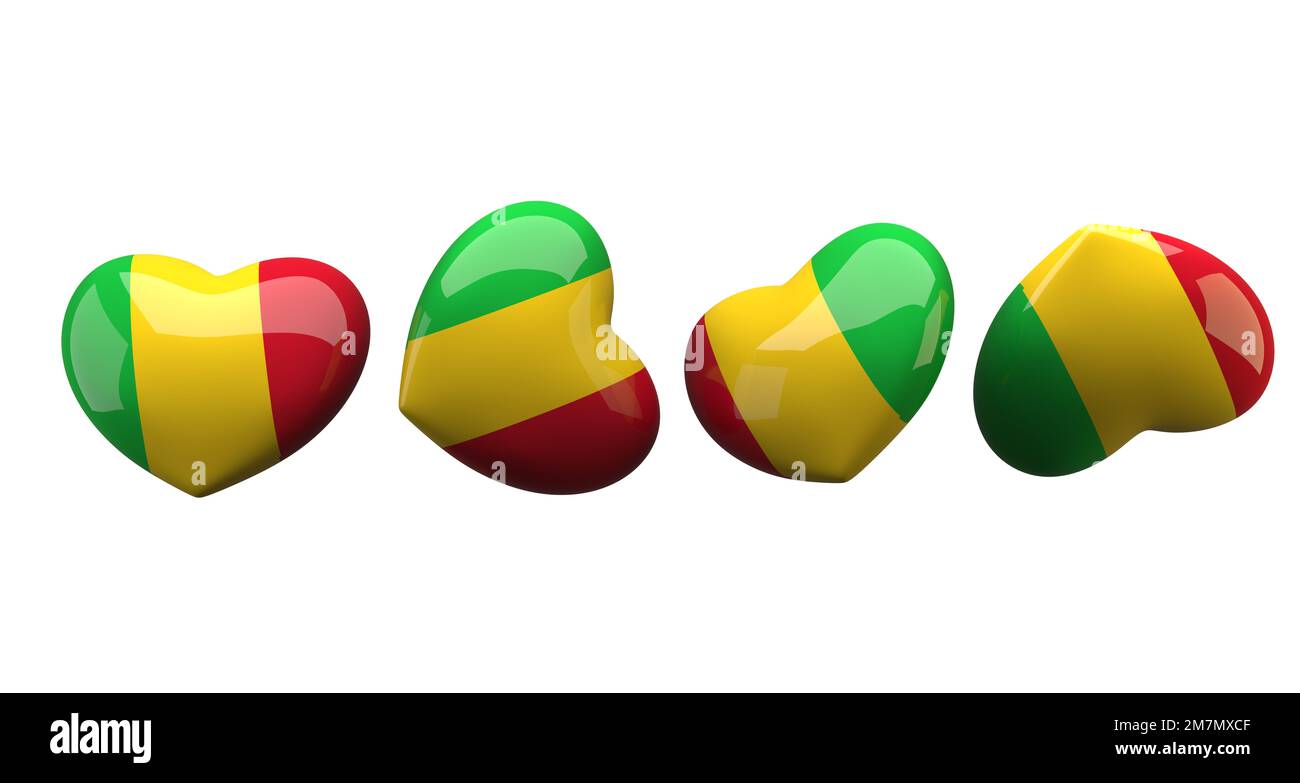 I love Mali, collection heart with Mali flag, romantic image on white background, 3D work and 3D image Stock Photo