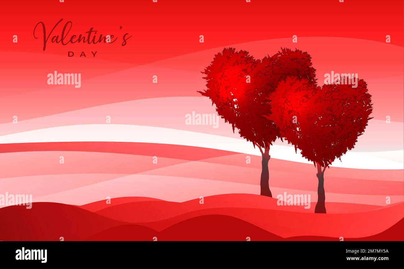 Trees in the shape of red heart, valentines day background, vector fantasy landscape, couple of trees symbol of love banner template Stock Vector