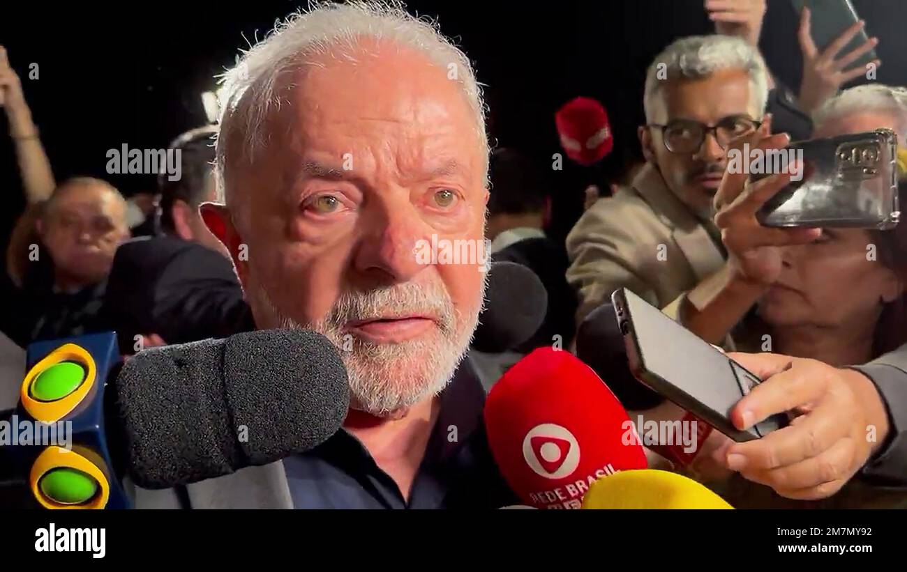 Brazil's President Luiz Inacio Lula da Silva speaks to reporters after a meeting with Governors at Planalto Palace in Brasilia, in Brazil on January 9, 2023. President Luiz Inacio Lula da Silva just a week after he took office Brazil's capital was recovering early Monday from an insurrection by thousands of supporters of ex-President Bolsonaro who stormed the country's top government institutions, leaving a trail of destruction.Photo by Brazilian President Press Office/UPI Credit: UPI/Alamy Live News Stock Photo