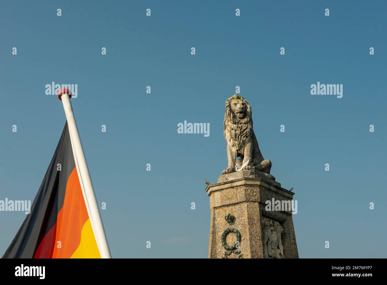 Lake Constance, Lindau, harbor entrance, lion, flag, Germany Stock Photo