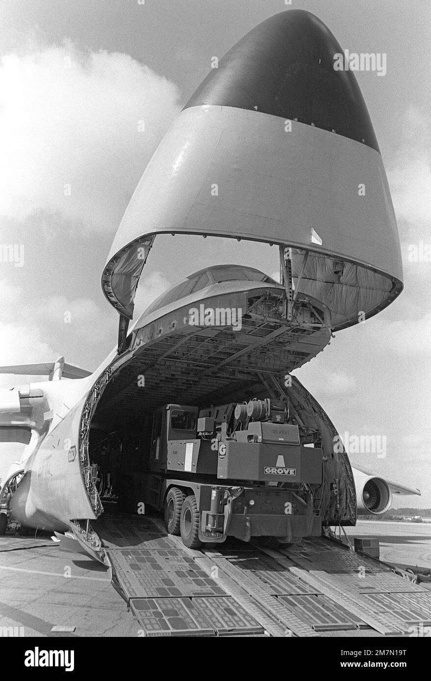 A 25ton hydraulic crane is driven into the cargo hold of a C5A Galaxy