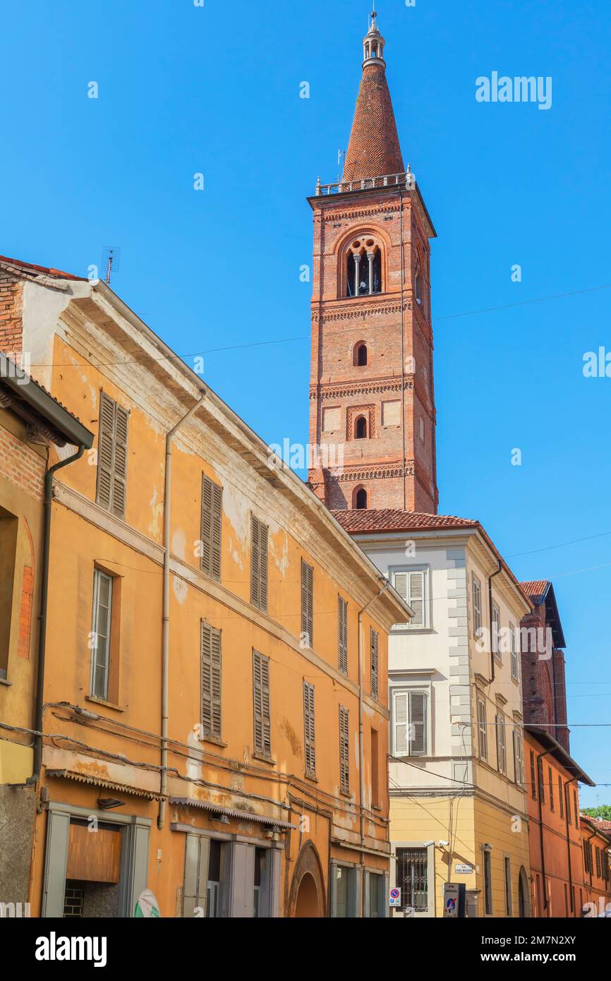 Old town street leading to Santa Maria del Carmine church, Pavia, Lombardy, Italy Stock Photo