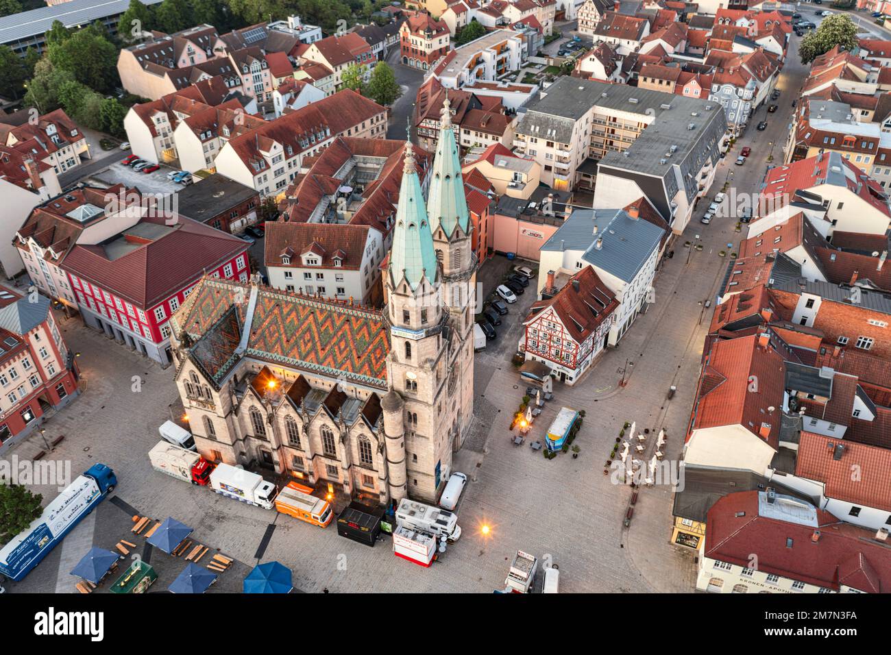 Germany, Thuringia, Meiningen, houses, streets, church, Our Lady, overview, oblique view, aerial view Stock Photo