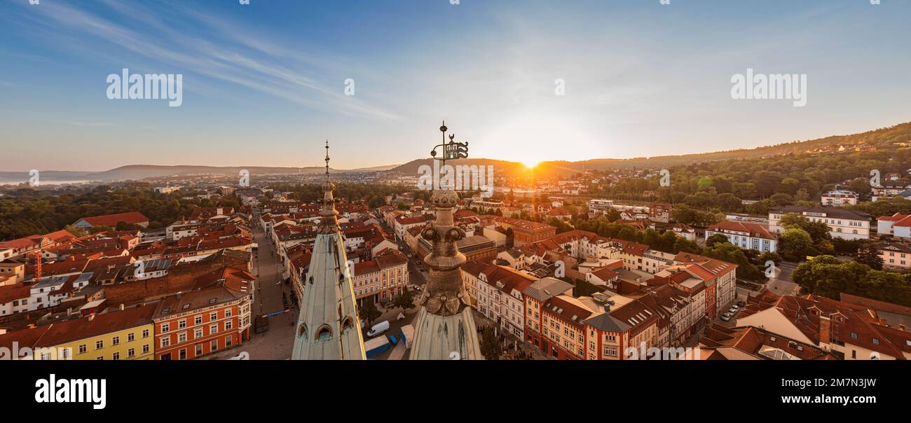 Germany, Thuringia, Meiningen, church, Our Lady, church spires, weather vane, sunrise, back light, aerial photo Stock Photo
