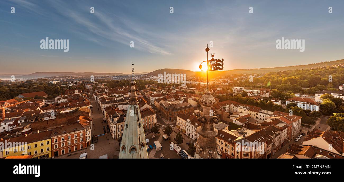 Germany, Thuringia, Meiningen, church spires, weather vane, church, Our Lady, city, overview, sunrise, backlight, aerial photo, panorama photo Stock Photo