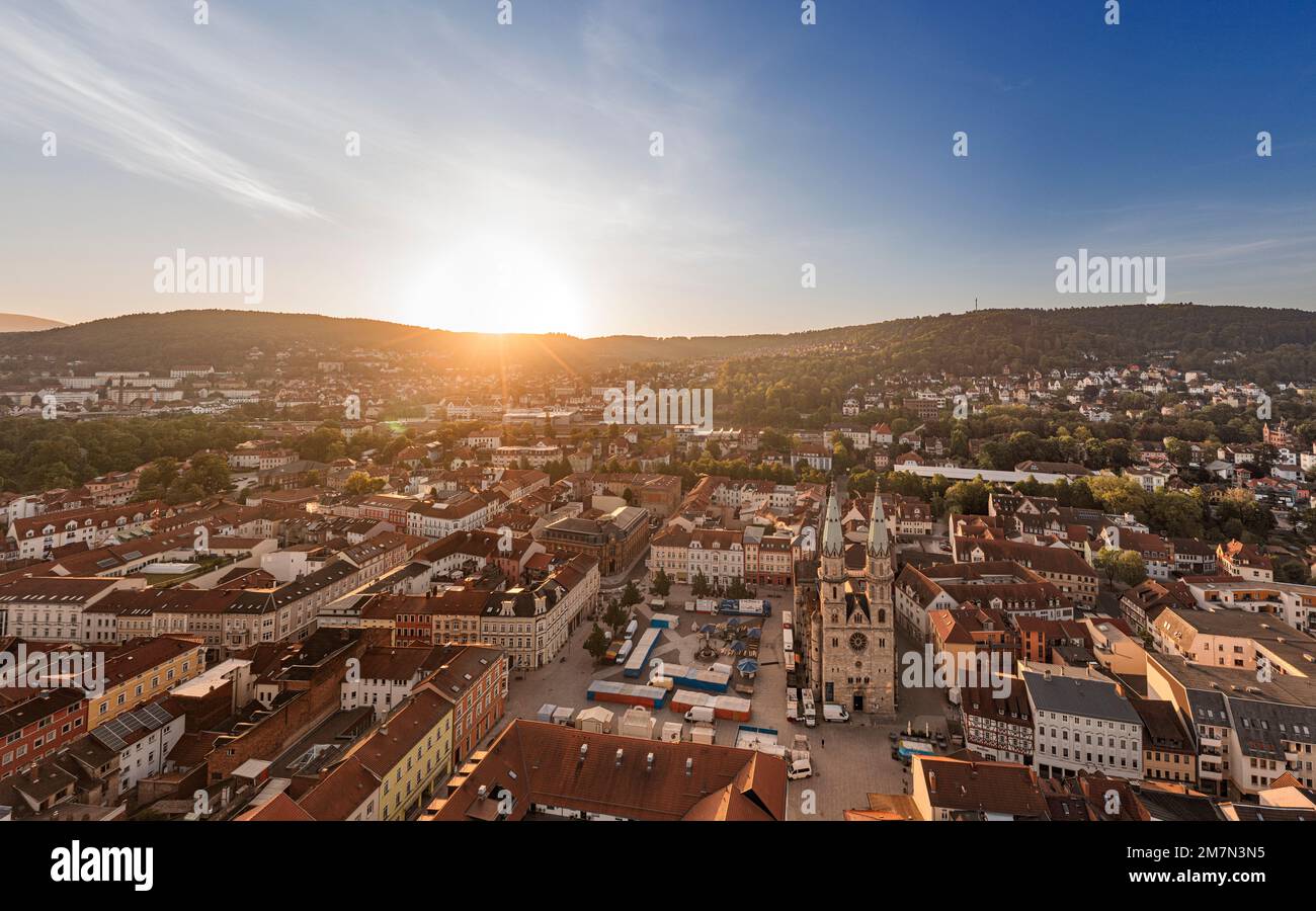Germany, Thuringia, Meiningen, houses, streets, church, Our Lady, sun, backlight, overview, aerial photo Stock Photo