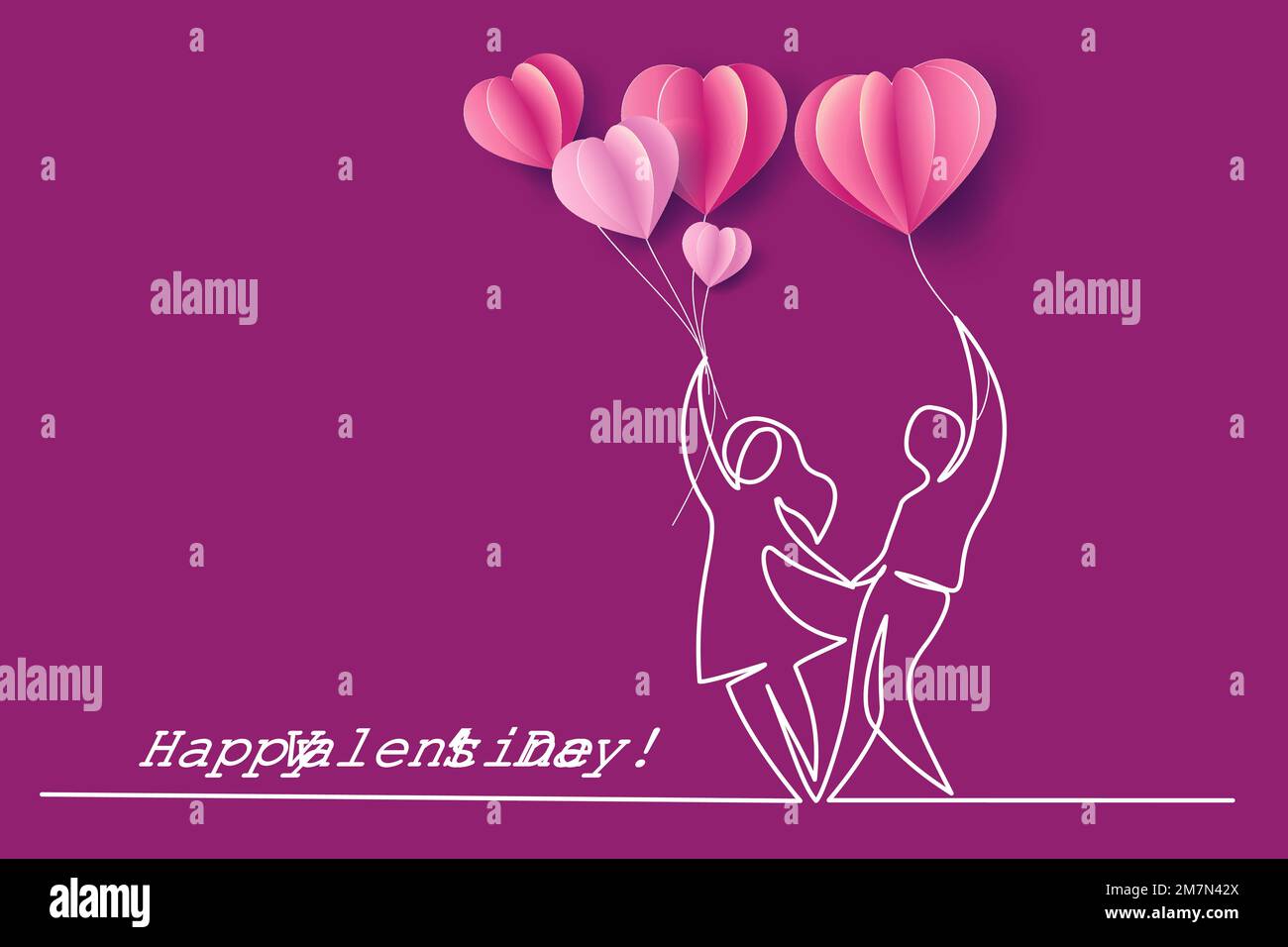 Valentines day card. Happy couple woman and man with air balloons ...