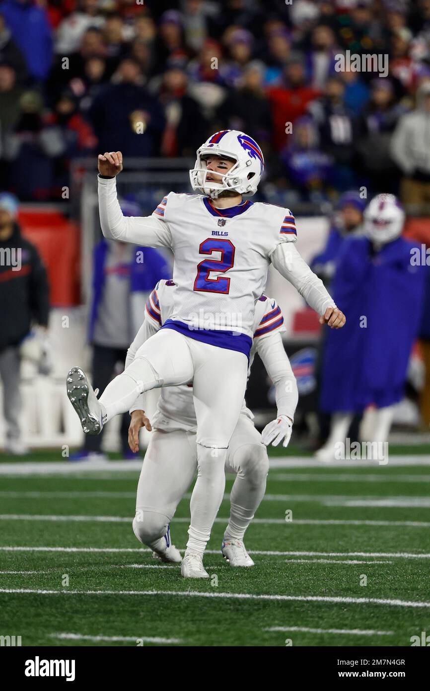 Buffalo Bills place kicker Tyler Bass (2) kicks a PAT during the first half  of an NFL football game against the New England Patriots on Sunday, Jan. 8,  2023, in Orchard Park