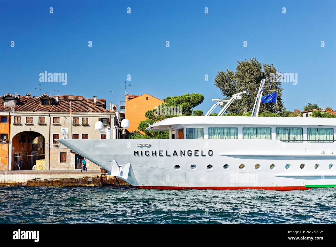 The river cruise ship 'Michelangelo' is underway around Venice. Here it is moored at a quay Stock Photo