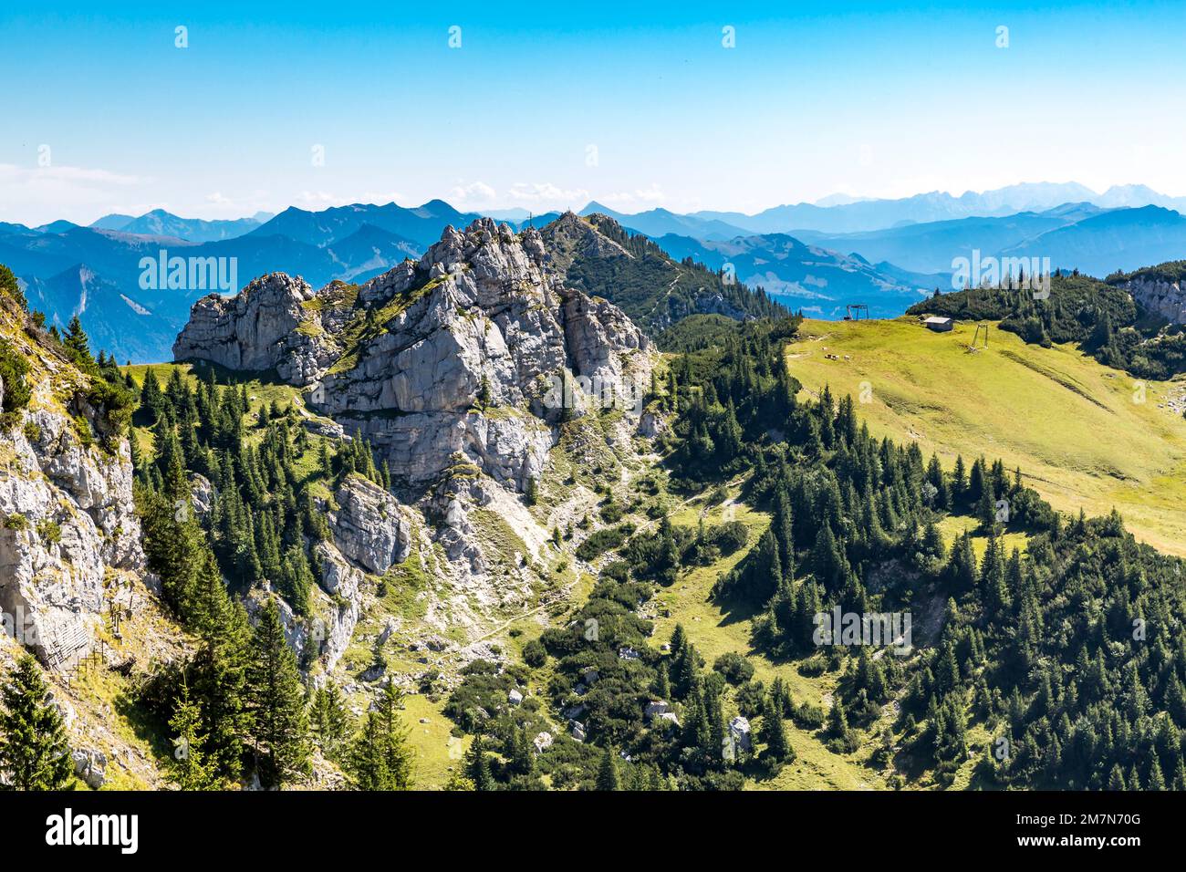 View from Wendelstein to the mountains, Kesselwand, 1721 m, Ski lift Lacherlift, Bayrischzell, Upper Bavaria, Bavaria, Germany, Europe Stock Photo