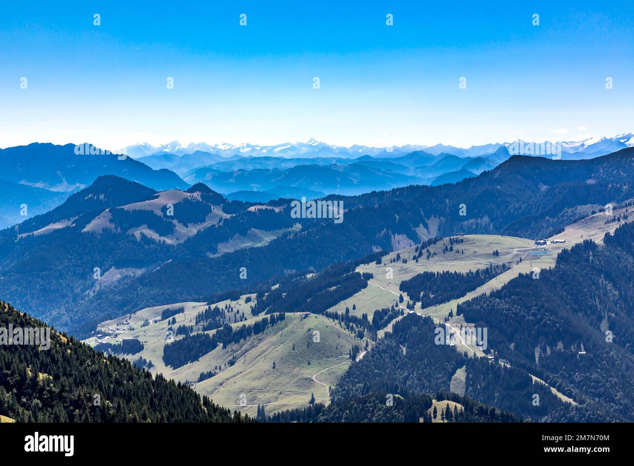 View from Wendelstein to the mountains, Sudelfeld, Glocknergruppe, Großglockner, 3798 m, Hohe Tauern, Venedigergruppe, Bayrischzell, Upper Bavaria, Bavaria, Germany, Europe Stock Photo
