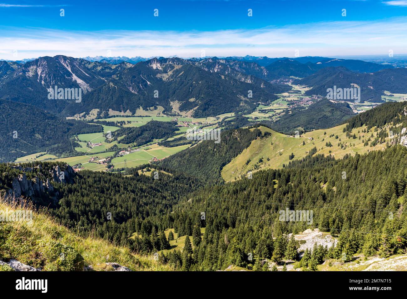 View from Wendelstein to the mountains, Bavarian Alps foothills, Fischbachau, Schliersee Neuhaus, Schliersee, Wendelstein area, Bayrischzell, Upper Bavaria, Bavaria, Germany, Europe Stock Photo