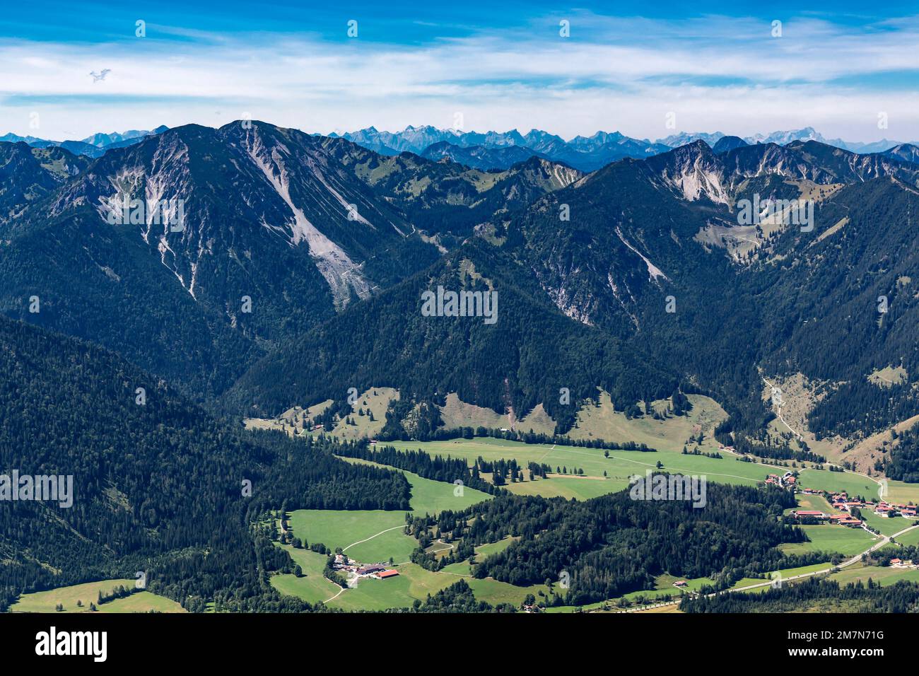 View from Wendelstein to the mountains, Osterhofen, Hochmiesing, 1883 m, Rotwandgruppe, with Aiplspitze, 1759 m, behind Karwendel, Wendelstein area, Bayrischzell, Upper Bavaria, Bavaria, Germany, Europe Stock Photo
