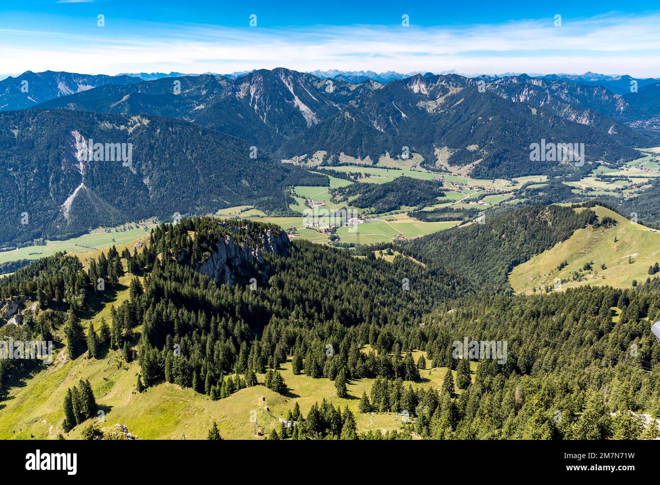 View from Wendelstein to the mountains, Hochmiesing, 1883 m, Rotwandgruppe, with Aiplspitze, 1759 m, behind Karwendel, Wendelstein area, Bayrischzell, Upper Bavaria, Bavaria, Germany, Europe Stock Photo