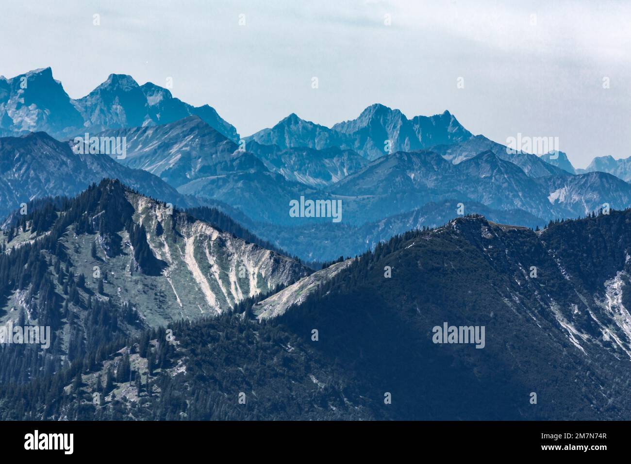 View from Wendelstein to the mountains, Karwendel, Bayrischzell, Upper Bavaria, Bavaria, Germany, Europe Stock Photo