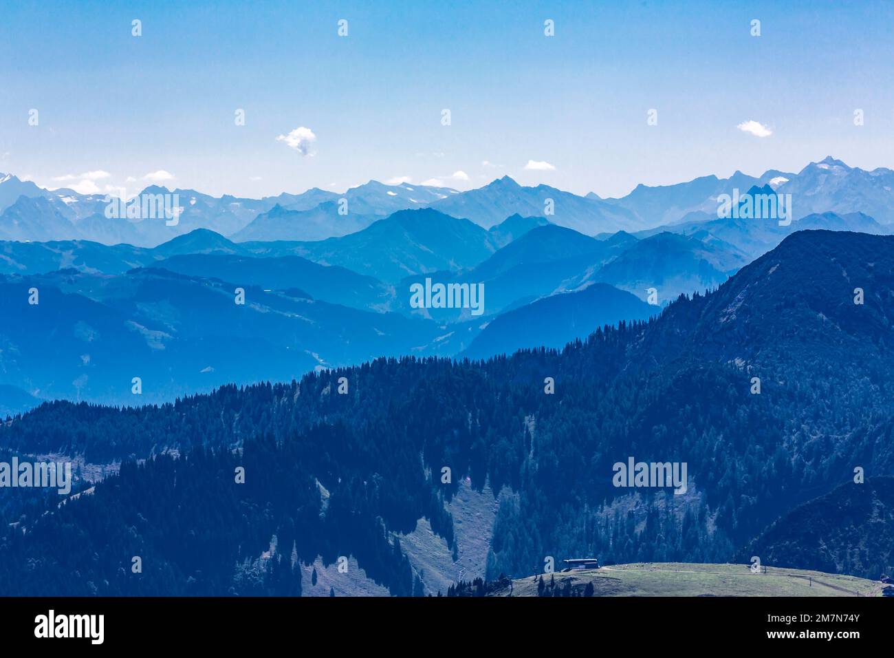 View from Wendelstein to the mountains, Kitzbühel Alps, back Hohe Tauern, Bayrischzell, Upper Bavaria, Bavaria, Germany, Europe Stock Photo