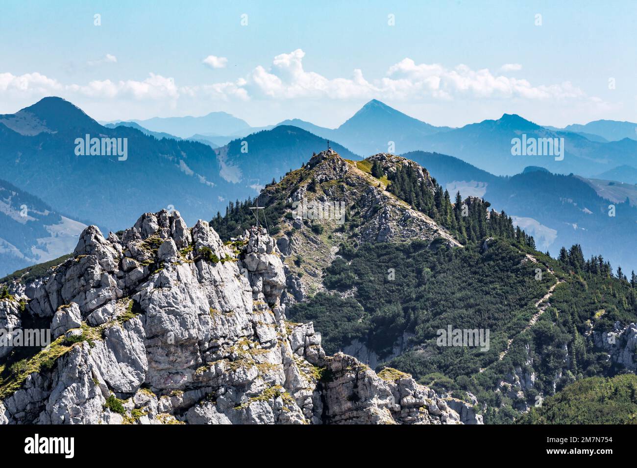 View from Wendelstein to the mountains, Kesselwand, 1721 m, behind the Chiemgau Alps, Bayrischzell, Upper Bavaria, Bavaria, Germany, Europe Stock Photo