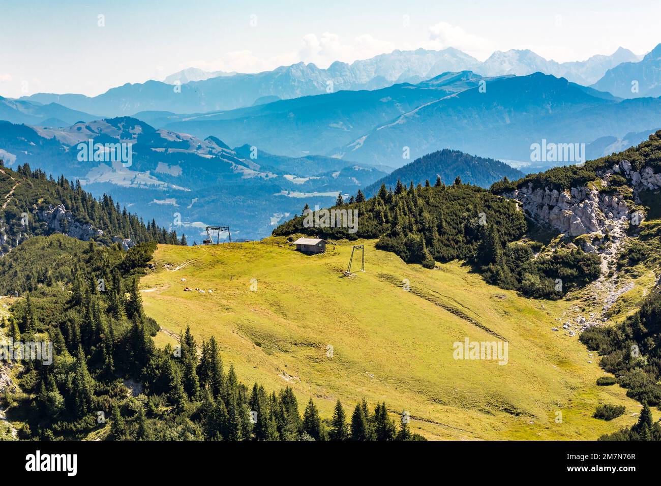 View from Wendelstein to the mountains, Lacherlift, Wildbarren, 1448 m, behind the Berchtesgaden Alps, Bayrischzell, Upper Bavaria, Bavaria, Germany, Europe Stock Photo