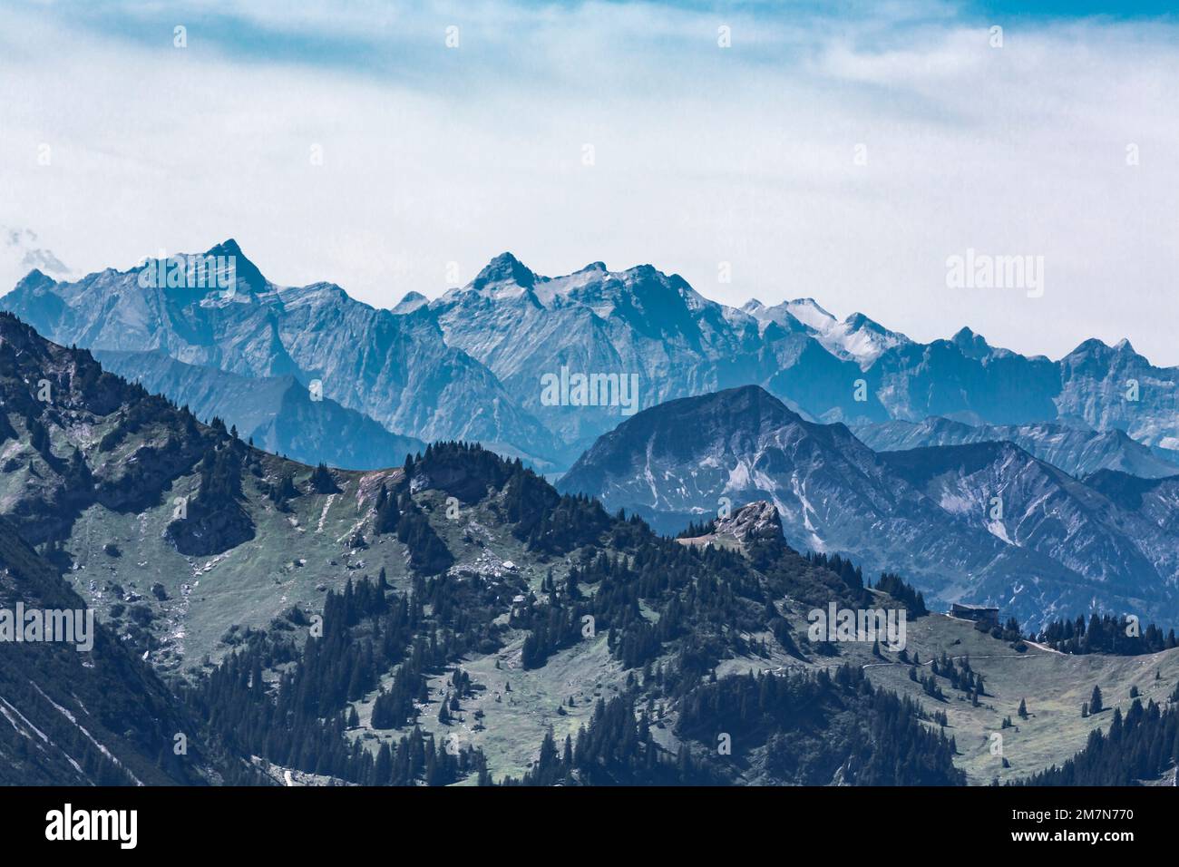 View from Wendelstein to the mountains, Karwendel, Bayrischzell, Upper Bavaria, Bavaria, Germany, Europe Stock Photo