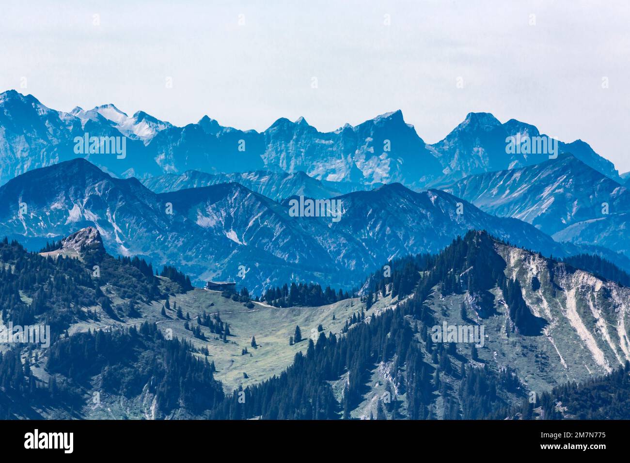 View from Wendelstein to the mountains, Taubensteinhaus, Rauhkopf, behind Karwendel Group, Bayrischzell, Upper Bavaria, Bavaria, Germany, Europe Stock Photo