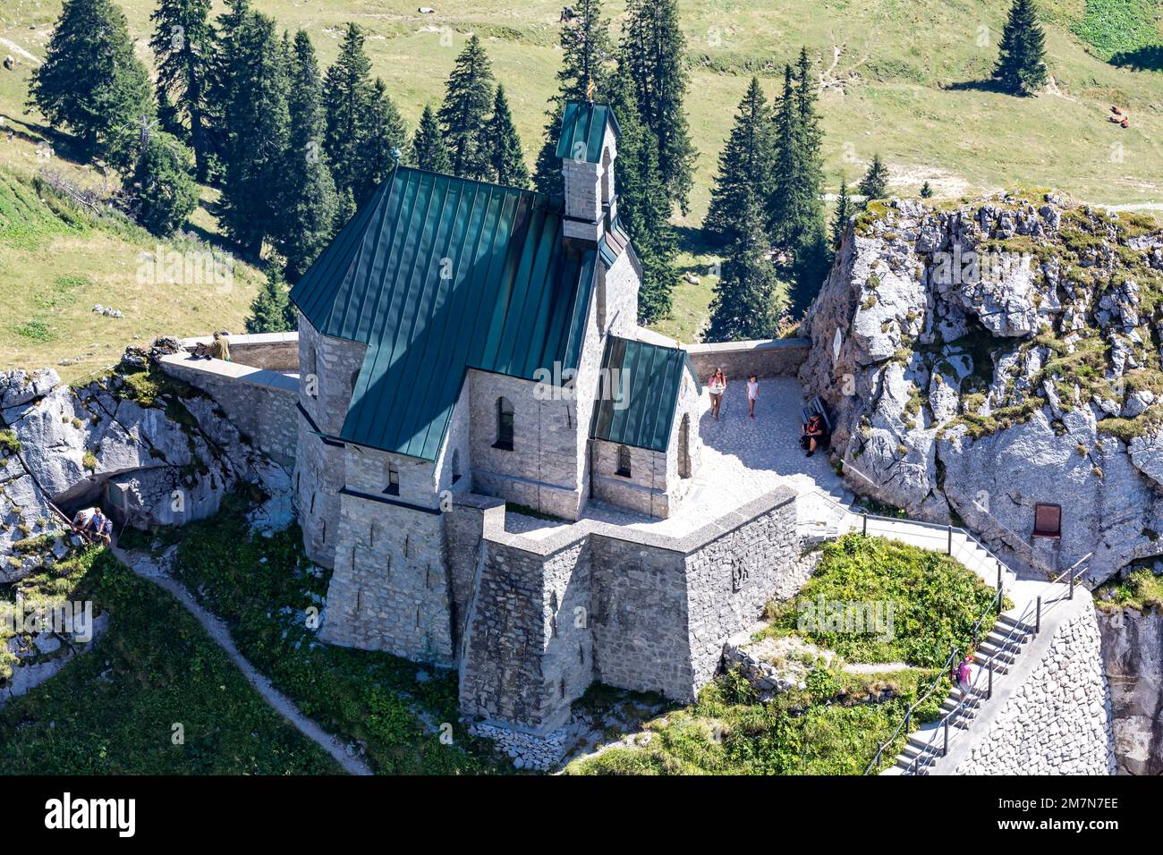 View from Wendelstein summit on Wendelstein church, chapel, Wendelstein, 1838 m, Bayrischzell, Upper Bavaria, Bavaria, Germany, Europe Stock Photo