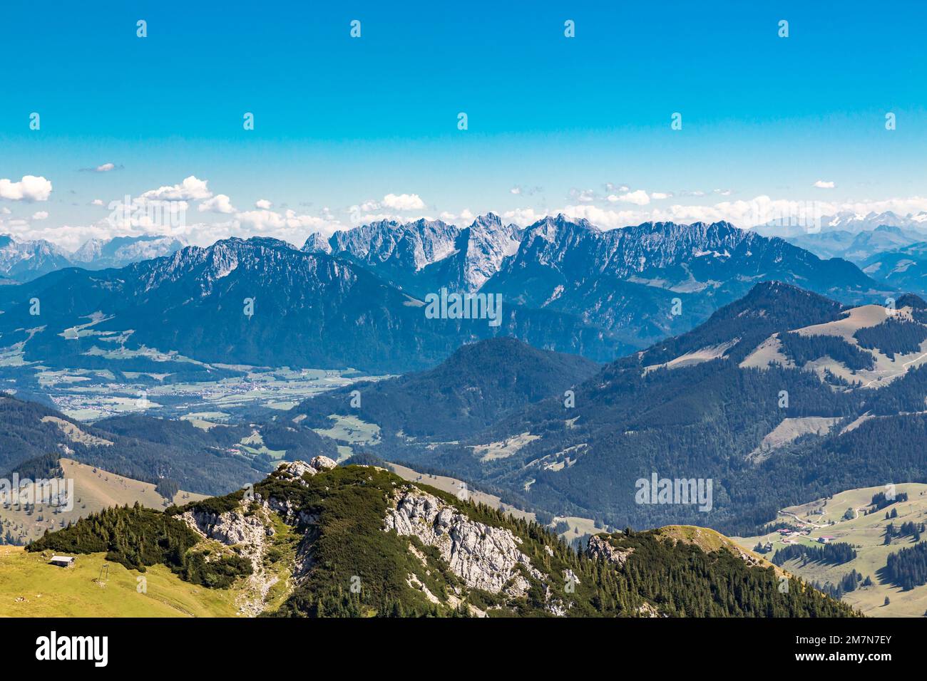 View from Wendelstein summit, 1838 m, on the mountain landscape, Lacherspitz, 1724 m, Wilder Kaiser, Glocknergruppe, Bayrischzell, Upper Bavaria, Bavaria, Germany, Europe Stock Photo