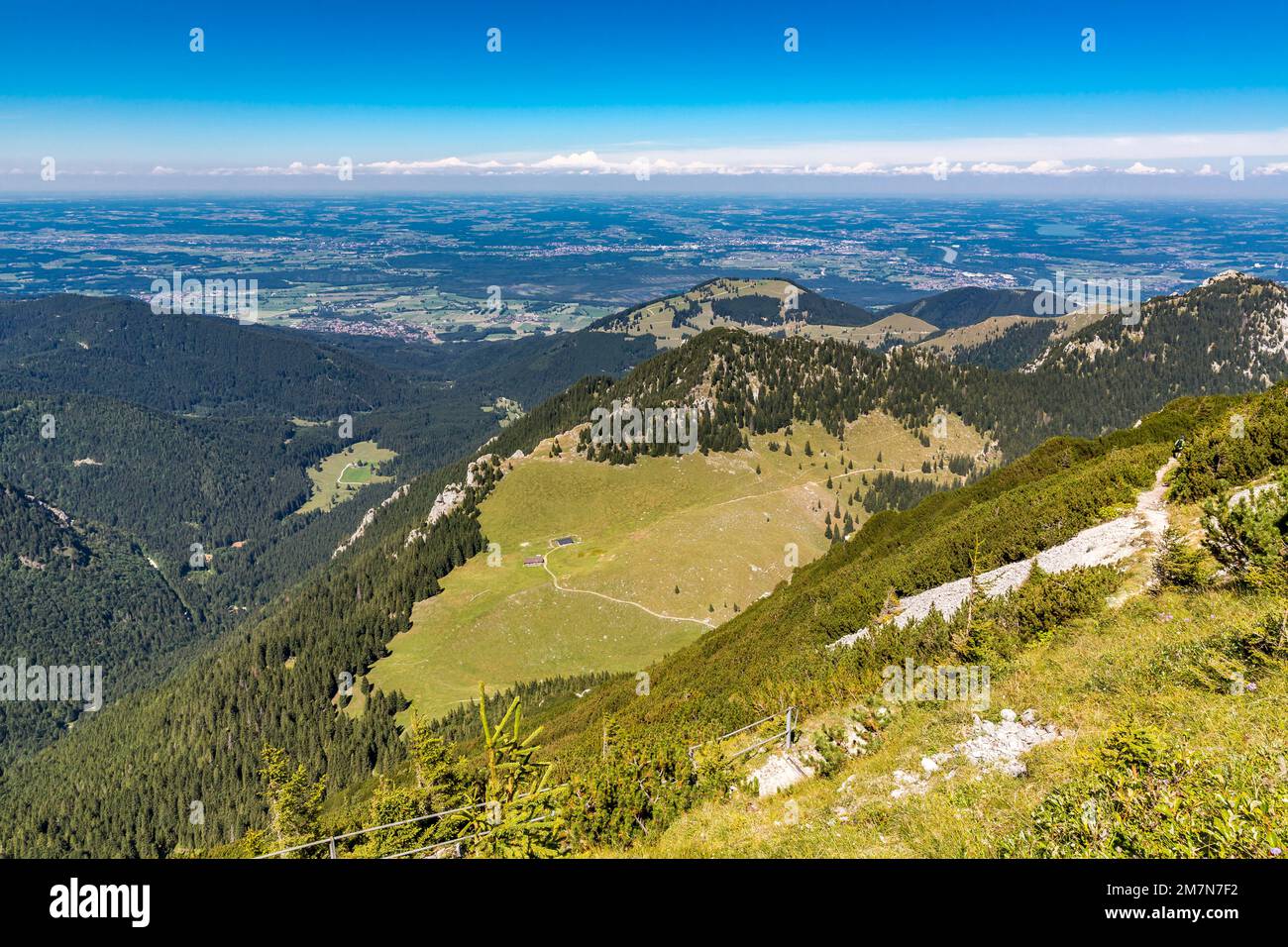 View from Wendelstein to the mountains, Eibelkopf, 1317 m, Schwarzenberg, 1187 m, Simssee, Bavarian alpine foreland, Wendelstein area, Bayrischzell, Upper Bavaria, Bavaria, Germany, Europe Stock Photo