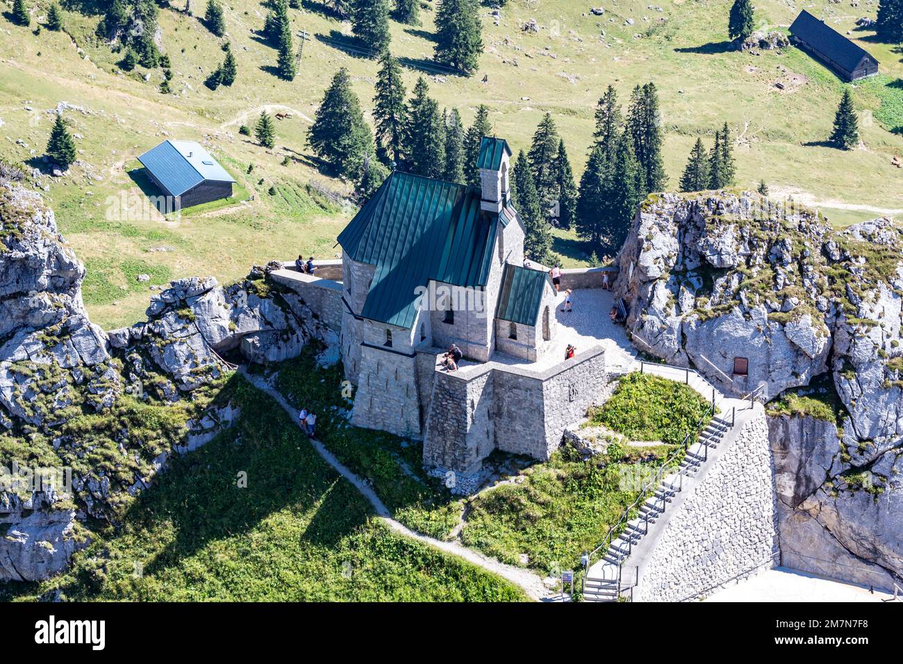 View from Wendelstein summit on Wendelstein church, chapel, Wendelstein, 1838 m, Bayrischzell, Upper Bavaria, Bavaria, Germany, Europe Stock Photo