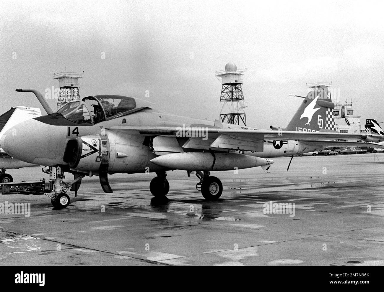 Left front view of a Marine A-6E Intruder aircraft sitting on the flight line of Marine All-Weather Medium Attack Squadron 533. Base: Mcas, Cherry Point State: North Carolina (NC) Country: United States Of America (USA) Stock Photo
