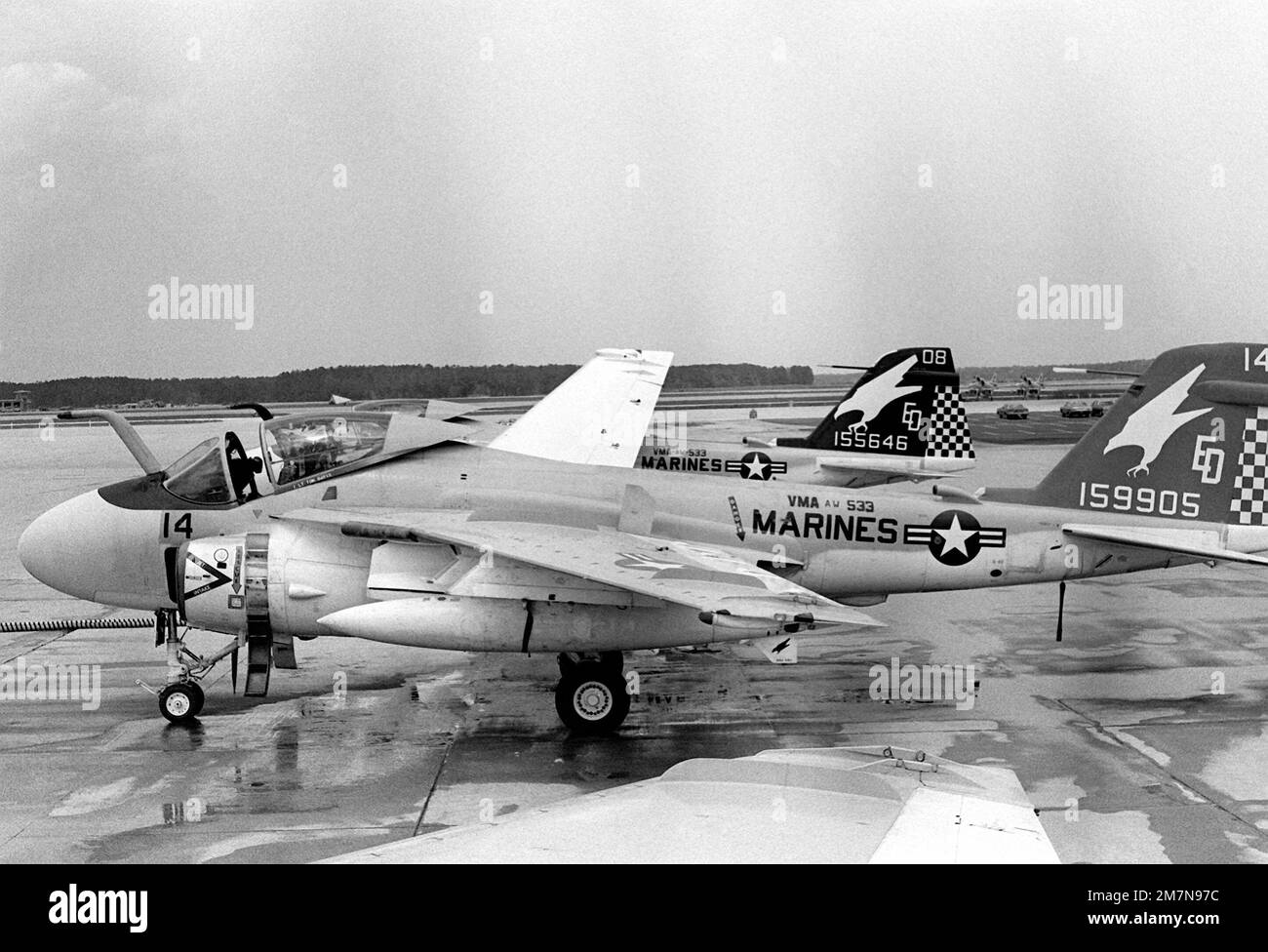 Left side view of a Marine A-6E Intruder aircraft sitting on the flight line of Marine All-Weather Medium Attack Squadron 533. Base: Mcas, Cherry Point State: North Carolina (NC) Country: United States Of America (USA) Stock Photo