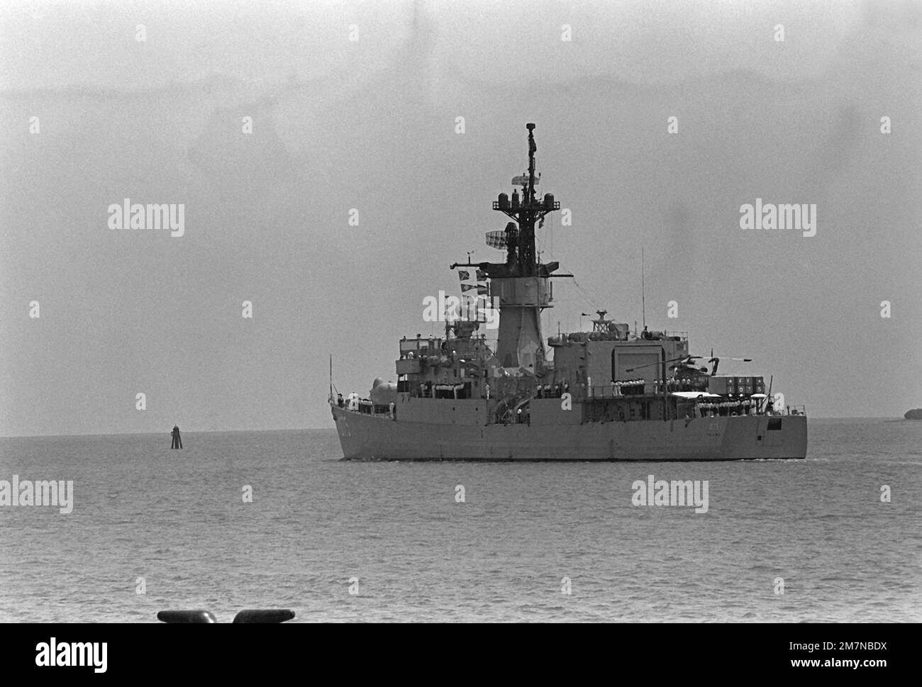 A port quarter view of the frigate USS TRIPPE (FF1075) as the ship