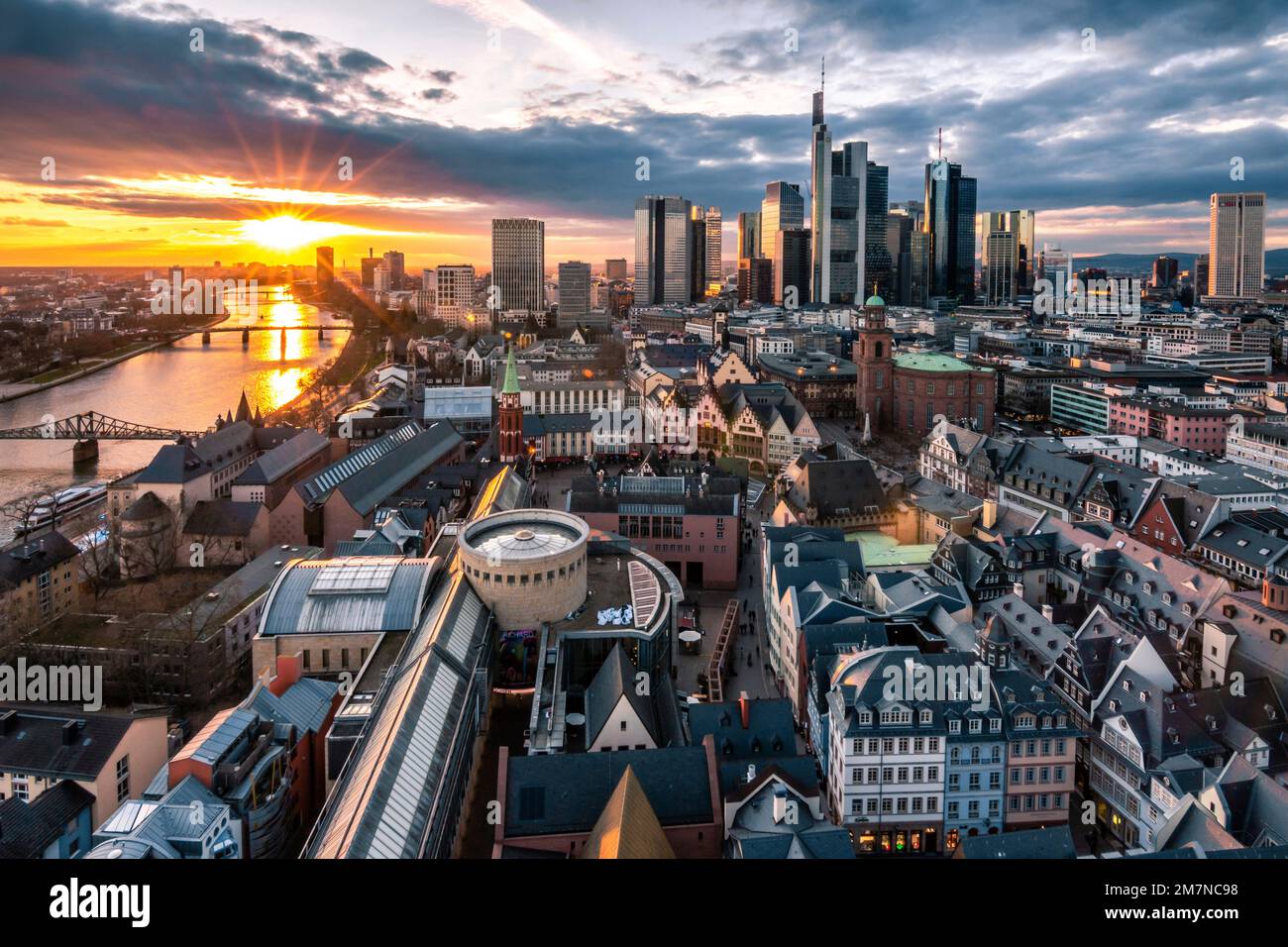 Sunset from a viewing platform, with view of the city and skyline of the banking district. backlight shot from the cathedral, Frankfurt am Main, Hesse, Germany Stock Photo