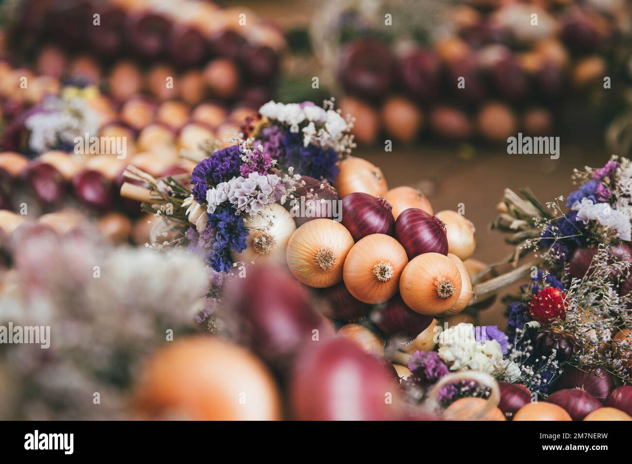 Flower decoration on onion plait, traditional Zibelemärit, onion market