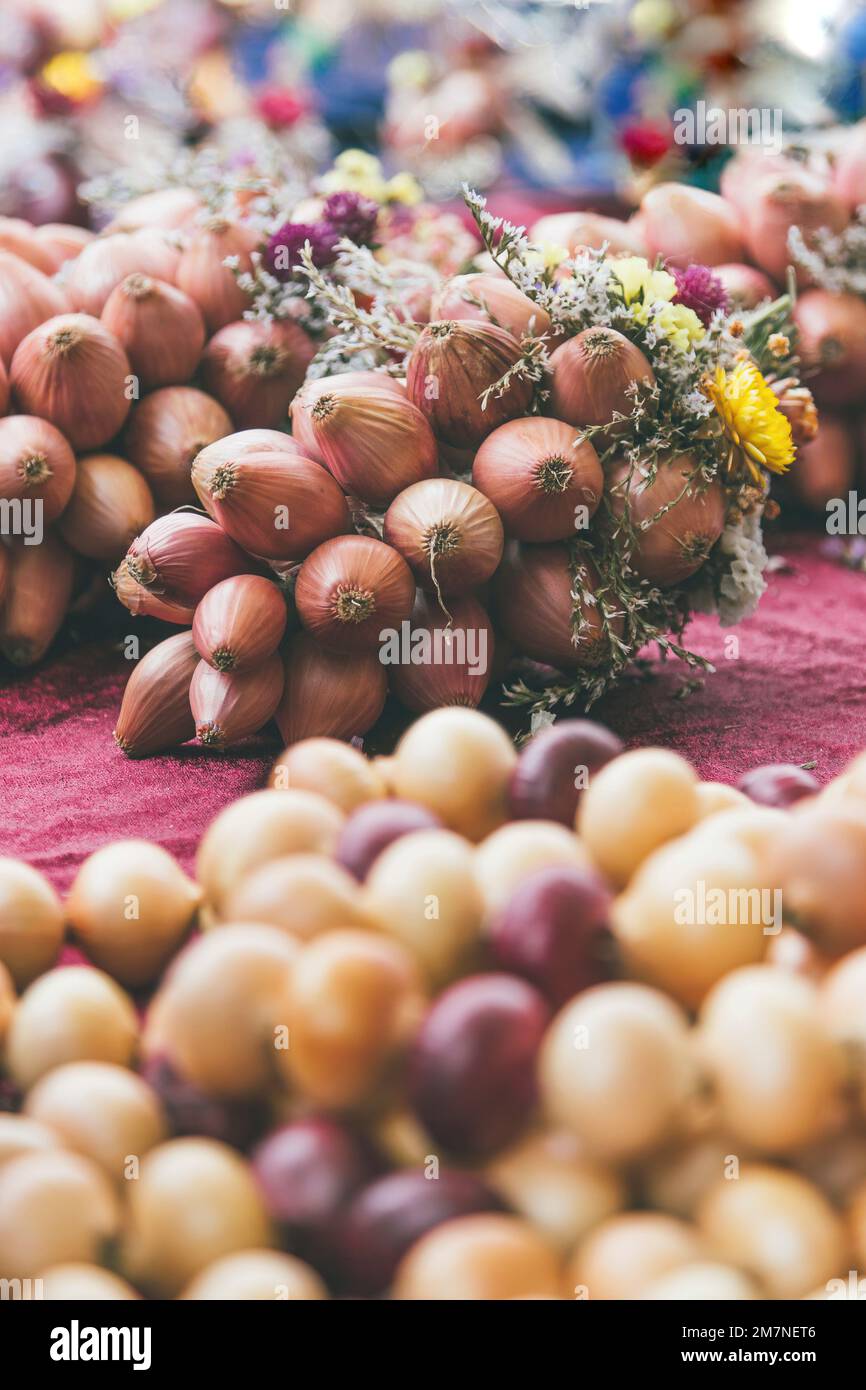 Onion plait, close-up, traditional Zibelemärit, onion market in Bern, Switzerland, close-up, edible onions (Allium cepa) Stock Photo