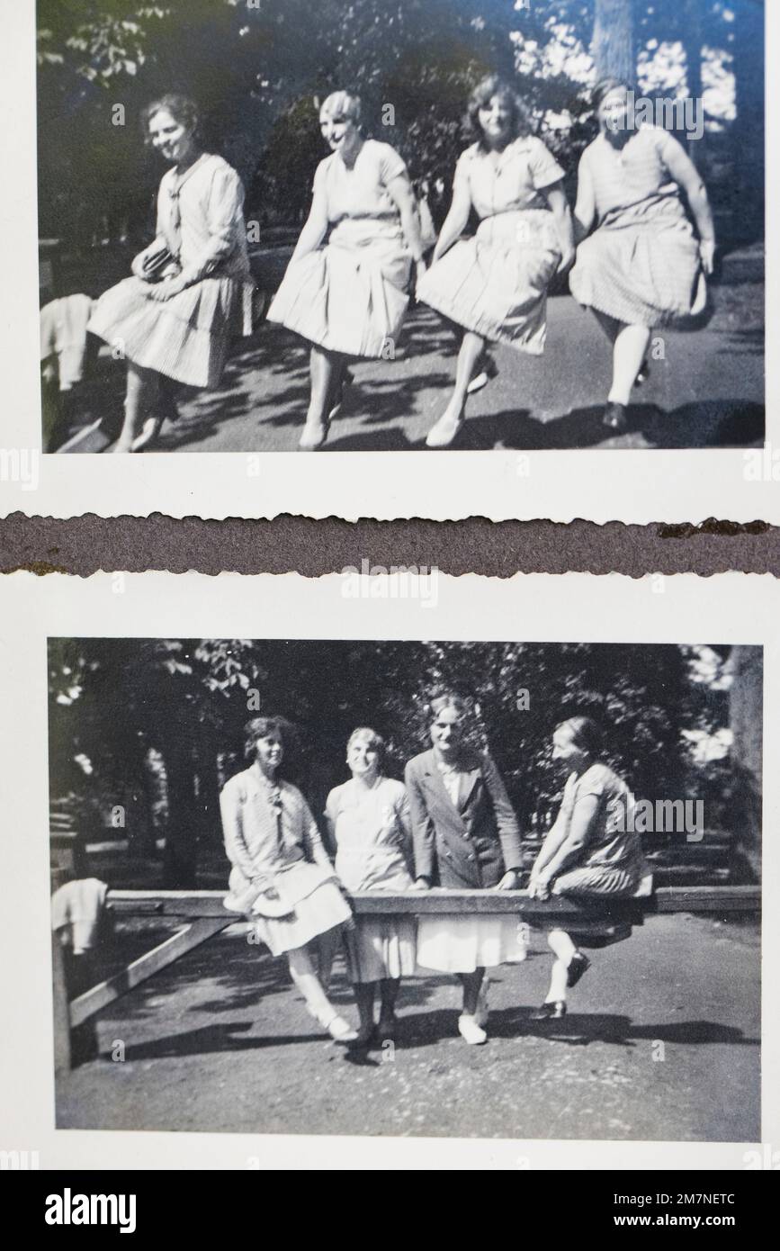 Two old black and white photos of four girlfriends Stock Photo
